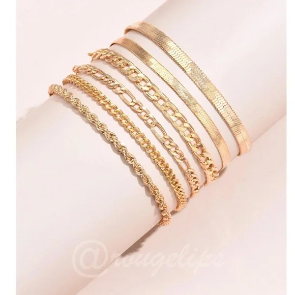Set of 6 Gold Tone Bracelets Chain Rope Fashion Jewelry - Picture 2 of 5
